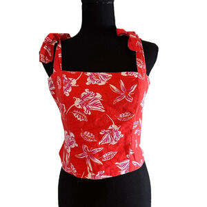 JOIE RED AND WHITE FLORAL CROP TOP WITH TIE DETAILS